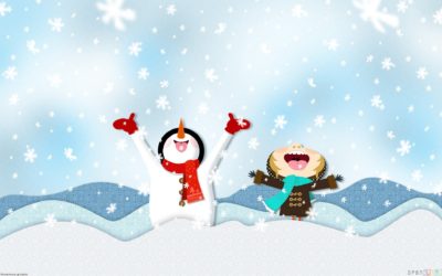 Snowman and child enjoying snow