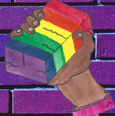Capricon 46: Rise of the Humans February 5-8, 2026 Marriott Chicago O'Hare on a wall of purple bricks. At the far right, a hand with the edge of a pink sleeve holds a rainbow-colored brick with some cracks.